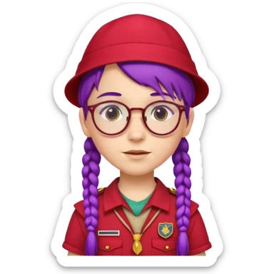 red uniform wearing scout kid with braids and glassess with hat purple haired sticker