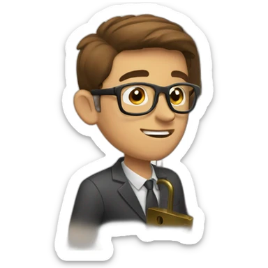 brown-short-haired classy man wearing glasses struggling to fit a key into a door-lock sticker