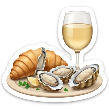 French cuisine humanless avatar in clean emoji-style illustration. 1 Croissant, oysters and wine glass, soft beige tones, simple shapes, flat design, refined and cozy. sticker