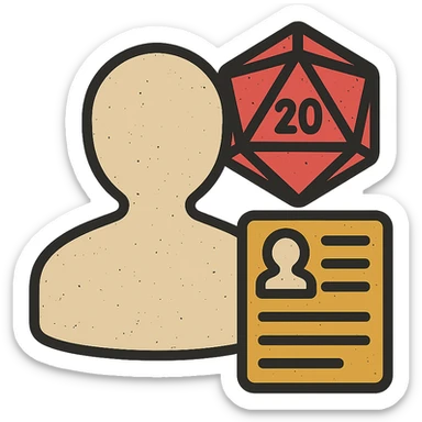 minimalist icon representing Player for DnD TTRPGs with silhouette, D20 dice, or character sheet, worn and distressed look sticker