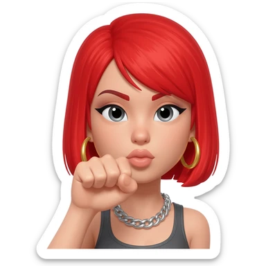 Not showing finger but fist on mouth and blowed mouth....she is red hair and tacky jewellery and cool sticker