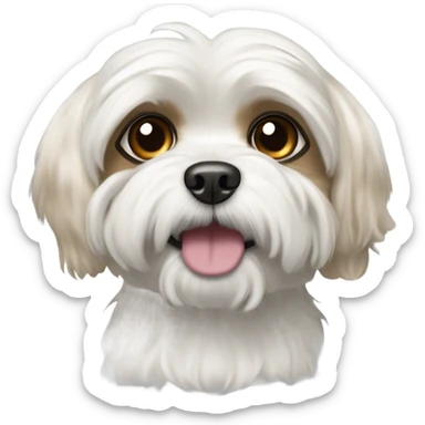 A white maltese / shitzoo dog with tan spots, curly fur and big eyes sticker