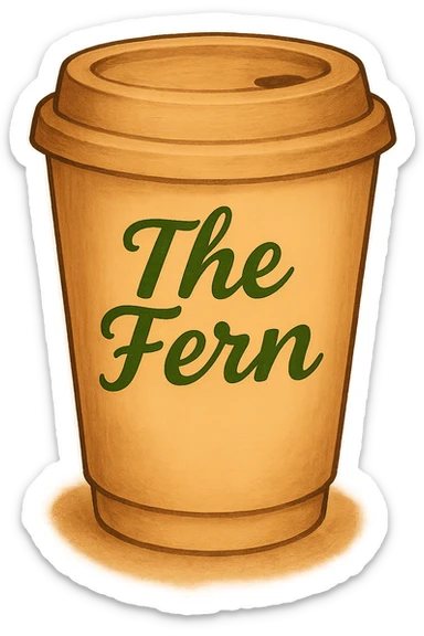 Change the letters that say 'The Fern' to green, keep the handwritten script and cozy, inviting vibe on the to-go cup. Maintain the cozy and inviting vibe with a handwritten script style for the text. sticker