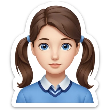 Realistic Student Portrait, with porcelain-like skin featuring a natural rosy flush, illuminated by soft lighting that highlights the gentle contours of her face. Her Brunette pony tail hair flows in soft, Her deep blue eyes radiate warmth and innocence,  wear light blue preppy style. sticker