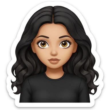 a pretty bratz dusky girl with long wavy black hair, kajal under eyes, black full sleeve  top sticker