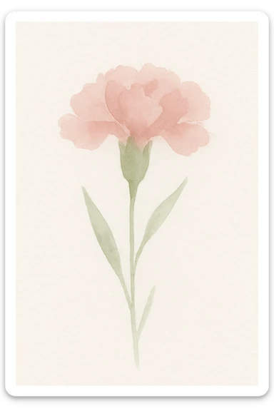 watercolor illustration of a carnation flower, soft pink and green, gentle brushstrokes sticker