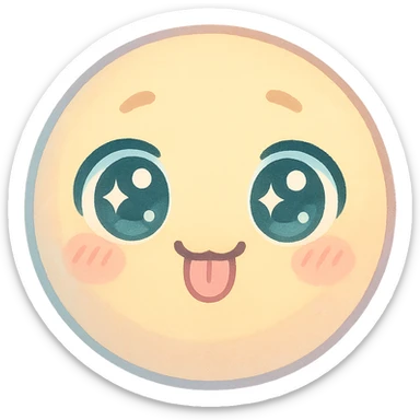 cute emoji, round face, big sparkling eyes, tiny tongue sticking out, playful, pastel colors sticker