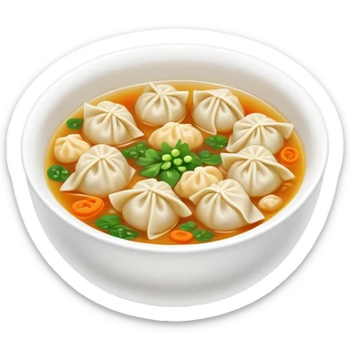 Wenzhou Huntun Wonton Noodle Soup with small dumplings, simplified emoji style with bold outlines and bright colors, cartoon style Zhejiang specialty with clear broth sticker