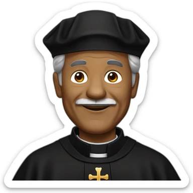 An older Don Bosco as a brown man in a black priest suit using a biretta sticker
