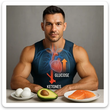 athletic man in 4K sitting at a table with ketogenic foods (eggs, avocado, salmon), anatomical overlay showing glucose reduction and increased ketones in the blood sticker