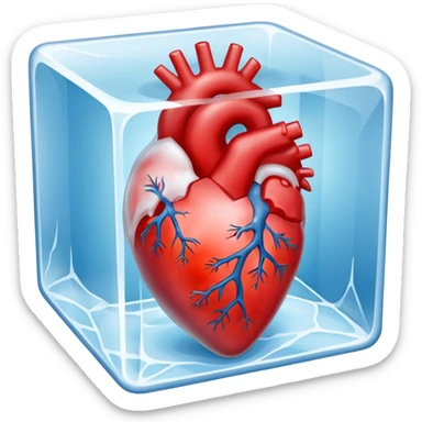 An artistic depiction of a human heart frozen in time, encased in a crystal-clear ice cube, symbolizing emotional coldness and isolation, cinematic lighting, high detail sticker