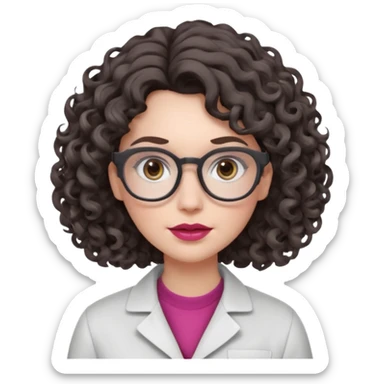 A crazy female scientist, with curly-wavy dark brown medium lenght hair, brown eyes and light grey glasses and pale skin and pinkish lips, dressed to look like an english teacher but in neutral tones like grey black white, maybe with the pop of dark red, with no girly colors,  sticker
