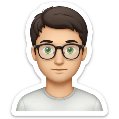 young man with dark poofier slightly curled hair wearing glasses with green eyes and very light stubble, minimal facial hair, with a slight smile sticker