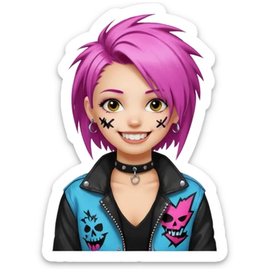 a punk girl with neck-length dyed hair and wear a punk graffiti jacket with black choker grin playfully  sticker