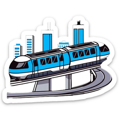 Futuristic monorail train curving above a cityscape with tall buildings sticker