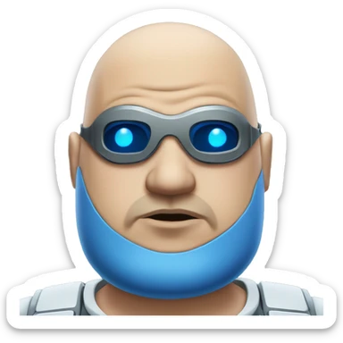 Fat bald cyborg head with tan skin, blue beard, blue goggles and circuits sticker