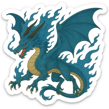 Show this fiery blue dragon with large wings in a dynamic flying pose, keep the style. sticker