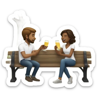 couple with white skin people and brown hair, sitting closely on a park bench, enjoying a romantic moment. One person is holding a croissant, and the other is holding a glass of Prosecco.  sticker