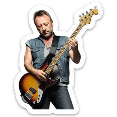 photo realistic Peter Hook, in 1979, playing black bass guitar, standing, full body, front view sticker