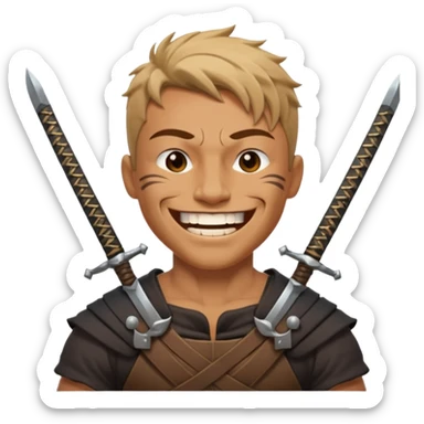 Haz que tenga una sonrisa epica una cicatriz en el ojo serrado y una espada entre los dientes y dos más a cada lado. sticker