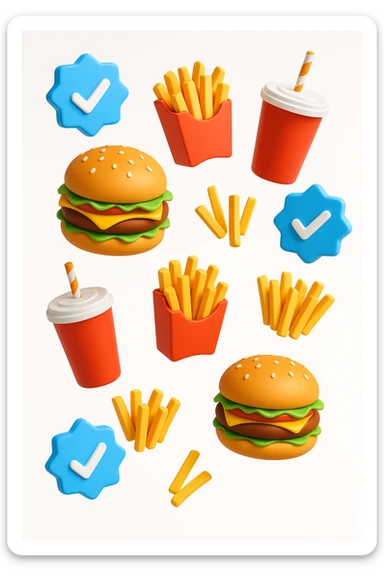 fast food fluttua in aria insieme a spunte di verificato in 3d, sfondo bianco sticker