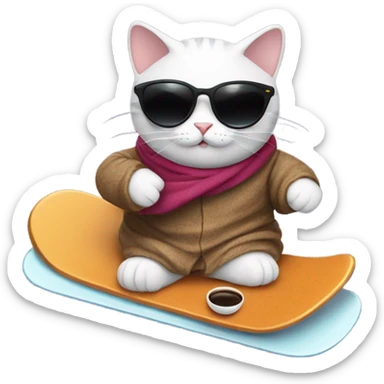 Cat snowboarding with a cup of coffee, sunglasses and a robe  sticker