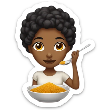 Black woman with black short hair in a bun, eating rice with curry sticker