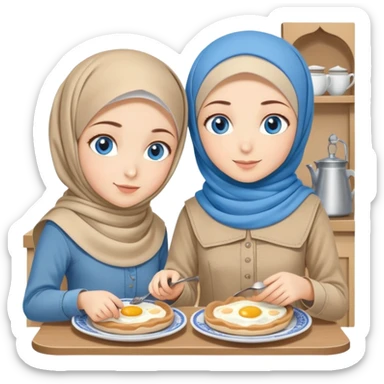 Turkish beautiful finish Konya two girls blue eyes with beige denim hijab islamic dress and make breakfast in breakfast house  sticker