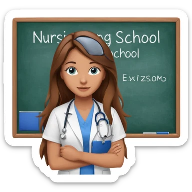 inside a classroom at university that says nursing school on the board with a pretty female nursing student with long brown hair, blue eyes sticker