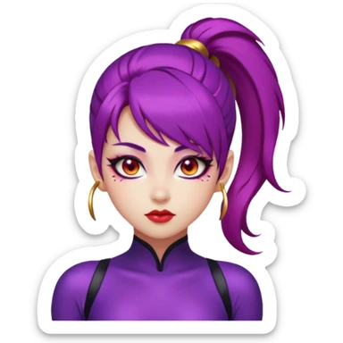 fierce K-pop warrior girl emoji face with sleek violet hair in a high ponytail, glowing red almond-shaped eyes, bold eyeliner, calm but intense expression sticker