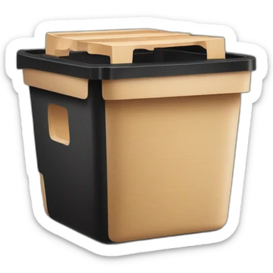 Black cubic plastic container with wood shavings inside, and a white tube with three branches at the top  sticker