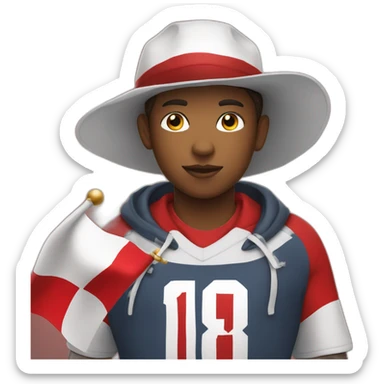 A 13-year-old boy with a big body, wearing a red white hat and holding a red white flag. He likes football very much. sticker