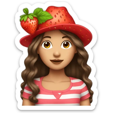 Brunette girl with long hair and strawberry hat sticker