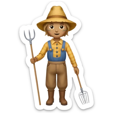 Scarecrow, straw hat, and a rake tucked in one arm, body on stick sticker