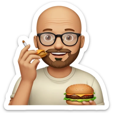 Happy bald man with beard and glasses eating a burger and smoking weed sticker