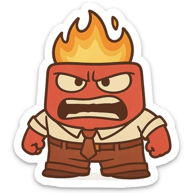 Anger character, red, short and square, white shirt, brown pants, flames for hair, expressive cartoon sticker
