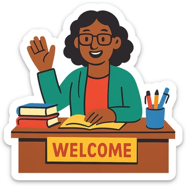 teacher at desk, welcoming, approachable sticker