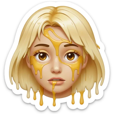 White blonde girl who’s face is covered in glue dripping down her face  sticker