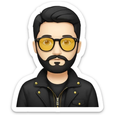 A man White middle long middle part black hair sunglasses with yellowish glasses And black jacket. Hipster black beard sticker