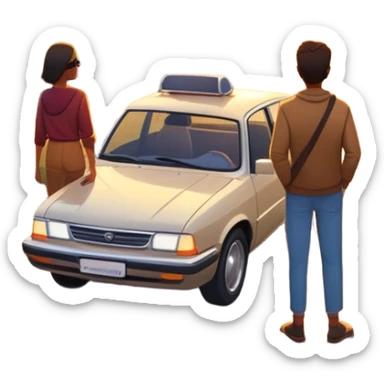 A parked car sits quietly on the side of an open road, facing a breathtaking sunset. Two people stand outside, backs turned, watching the horizon. The road stretches endlessly ahead, surrounded by a peaceful, glowing landscape full of light, warmth, and possibilit sticker