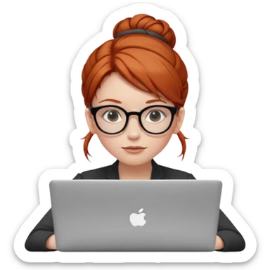 hair in a bun redhead female with glasses focused on a laptop sticker