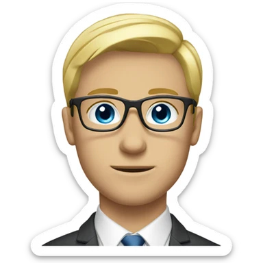 Blond male with medium short hair, blue eyes, in a suit, with glasses sticker