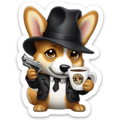 gangster corgy with a gun drinking coffee sticker
