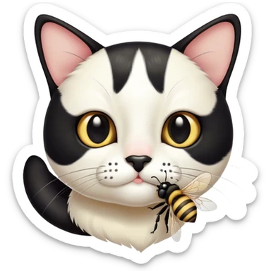 I would like to generate an emoji with a tuxedo cat that has a black spot on their noses and it catches a bee sticker