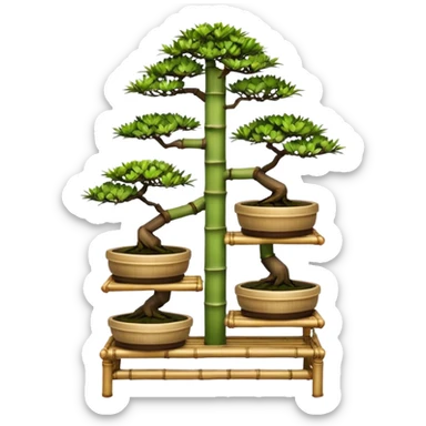 Three tiered bonsai planters stand, shelving holding six specimens,frame made of one inch thick bamboo  sticker