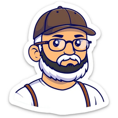 adventurer with beard, glasses and backwards baseball cap sticker