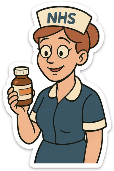 A nurse wearing a nurses hat with the letters NHS written on the hat.  The nurse looks caring and is holding a medicine bottle sticker