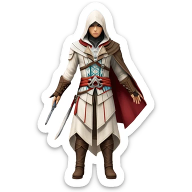 icon featuring Assasin's Creed in an iconic assassin's hood, standing tall against the backdrop of Florence. The design captures the essence of adventure, with intricate details of historical architecture and a sense of mystery. The character is poised, ready for action. transparent background. sticker