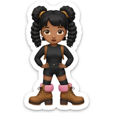 A brown skin girl thats slim and thick body with black hair into two puffy pigtails  and wears all black outfit with brown furry boots  sticker
