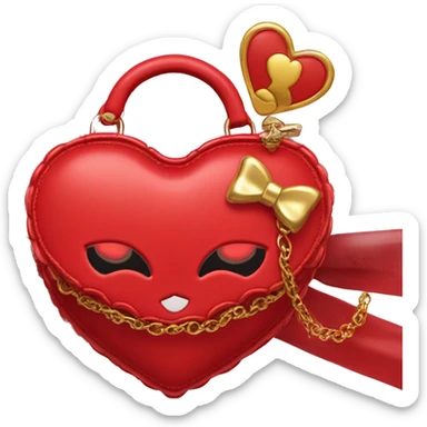 This is a heart-shaped handbag in glossy red material with a scalloped edge. It features a decorative bow and the text “Sleepy Kitty” embossed in gold. The bag is adorned with two small red heart-shaped accents attached to gold chains, forming the handle. sticker